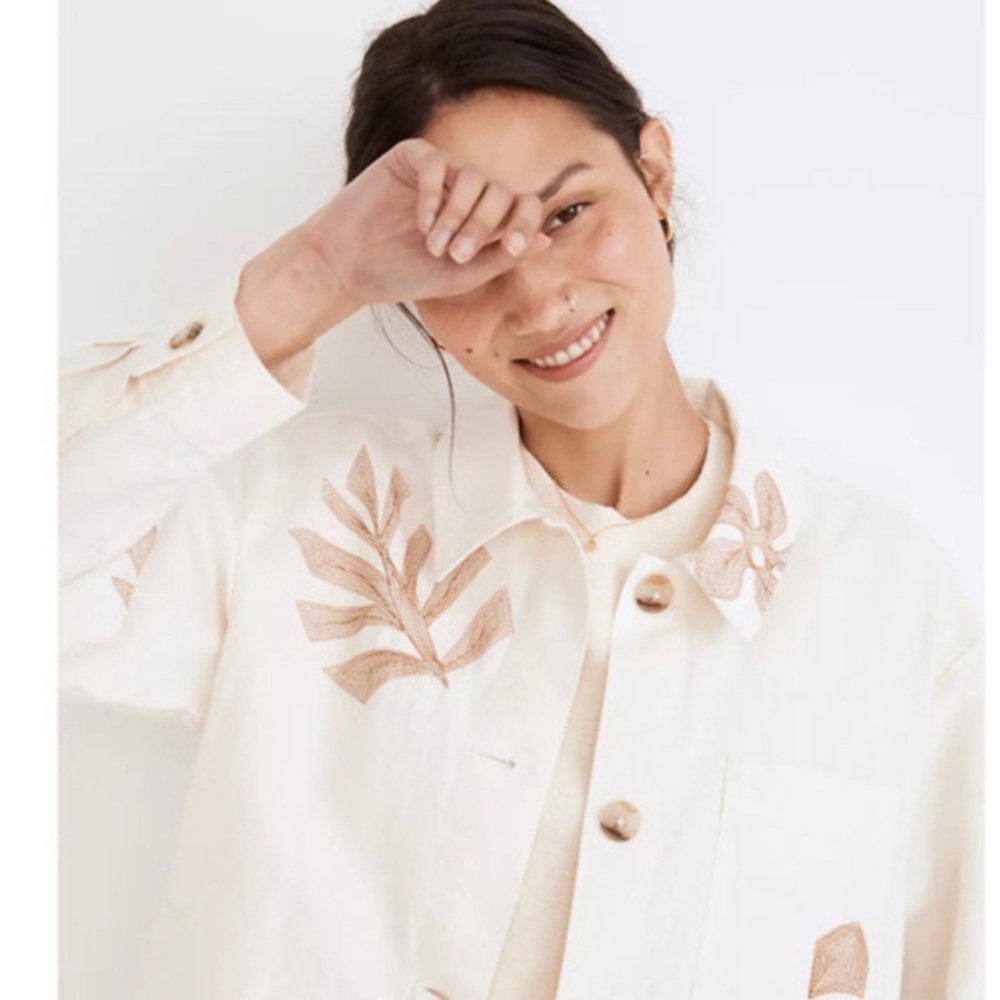 Madewell Embroidered Linen Crop Shirt-Jacket in Tropicale Floral fits like XXL